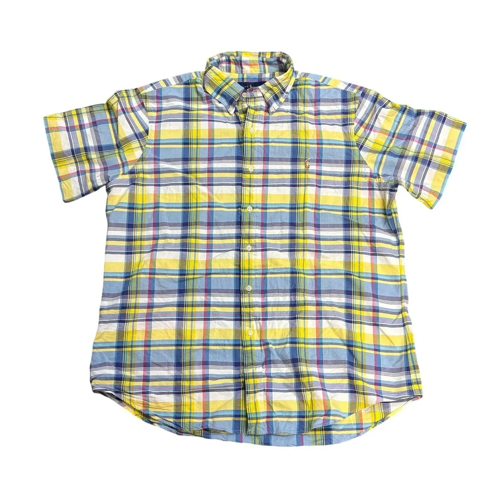 Polo Ralph Lauren Plaid Short Sleeve Button Down Shirt Men's Large Yellow Blue